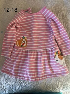Mini Boden Pink and White Striped Long-Sleeve Dress with Animal Appliqués